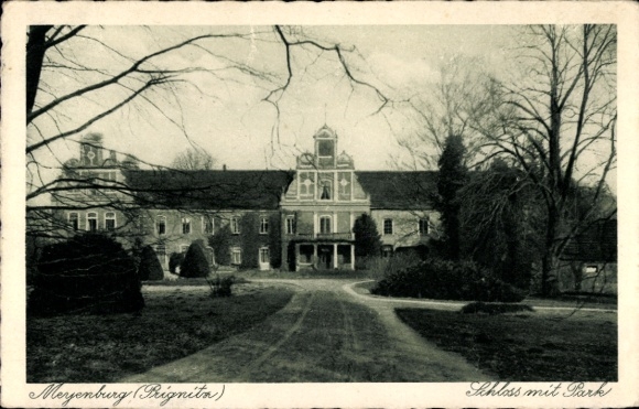 Postcard Meyenburg in the Prignitz, castle with park, historical architecture, trees, path