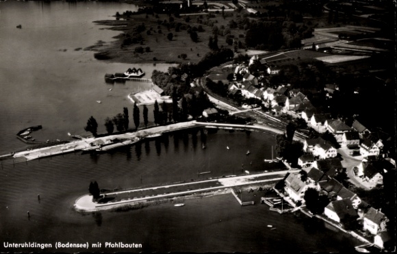 Postcard Unteruhldingen Uhldingen Mühlhofen on Lake Constance, aerial photograph of Unteruhldingen, Lake Constance, Fer