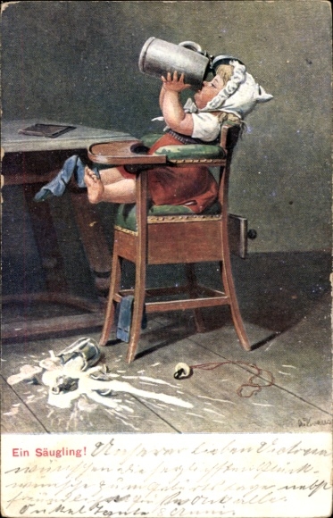 Artist Postcard An infant, broken milk bottle, child with beer mug