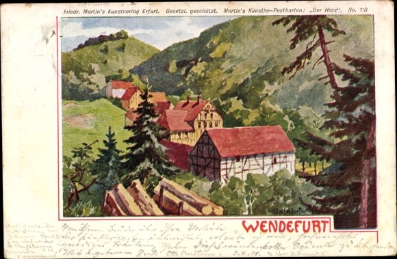 Kunstenaarskaart Bahndorf Wendefurth Altenbrak Thale im Harz, huizen in het dorp