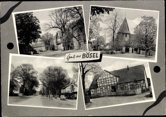 Postcard Bösel in Lower Saxony, street section, church, houses, half-timbered house