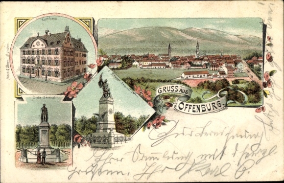 Chromo-Litho Offenburg in the Black Forest, Town Hall, Drake Monument, War Memorial, general view