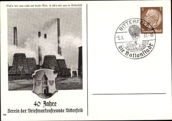 Postal stationery Postcard Bitterfeld in Saxony Anhalt, factory, coat of arms