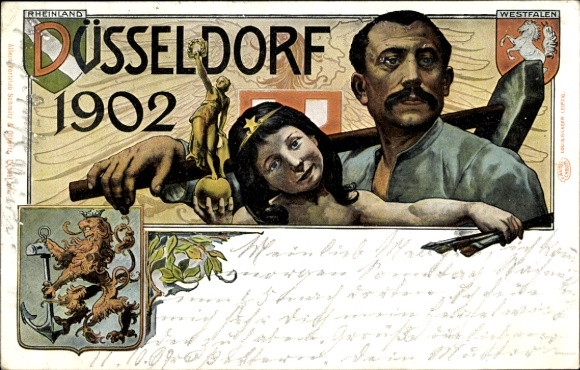 Wapenlitho Düsseldorf am Rhein, industriële en commerciële tentoonstelling 1902, arbeider en kind