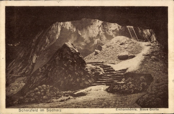 Ak Scharzfeld Herzberg am Harz, Scharzfeld im Südharz, Einhornhöhle, Blaue Grotte, Treppe, Felsen