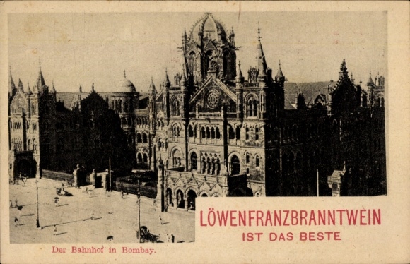 Postcard Mumbai Bombay India, train station, lion rubbing alcohol