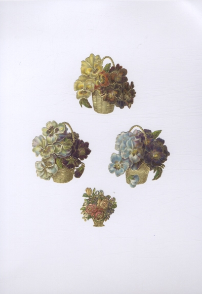 4 Oblaten Blumenkörbe mit Stiefmütterchen, ca. 6,5 x 6 cm und 4 x 4 cm