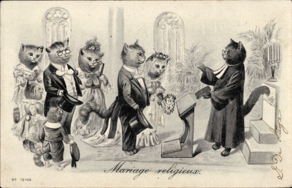 Präge Litho Vermenschlichte Katzen, Trauung, Gäste, Brautpaar