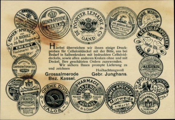 Postcard Grossalmerode in Hesse, Advertising, Gebr. Junghans, Pharmacies, Van de Weghe Ostende,