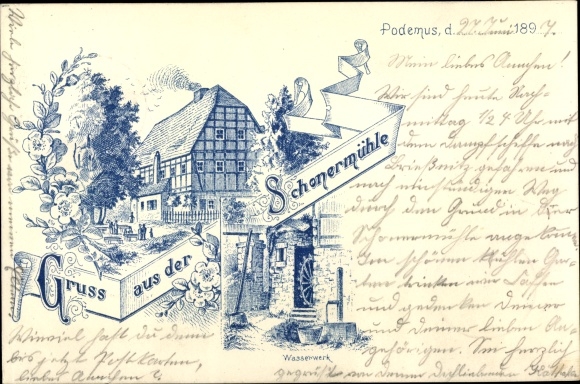 Chromo-Litho Mobschatz Dresden Saxony, Schonermühle, Wasserwerk, Podemus