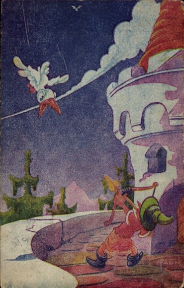 Artist Postcard Faun, archer aims at a bird