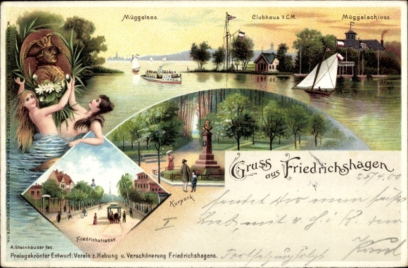 Chromo-Litho Berlin Köpenick Friedrichshagen, Müggelsee, Clubhaus YCM, Kurpark