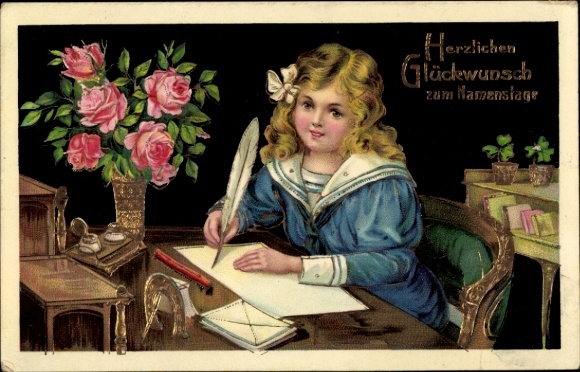 Postcard Congratulations on the name day, girl at the desk writes a letter, horseshoe, roses