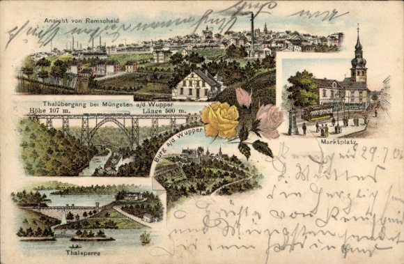 Chromo-Litho Remscheid in the Bergisches Land, market square, dam, castle, valley crossing at Müngsten