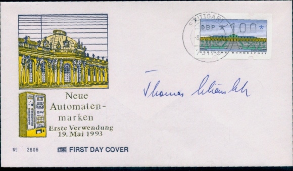 First day cover New vending machine stamps, autograph Thomas Schäuble, Minister of the Interior of Baden Württemberg