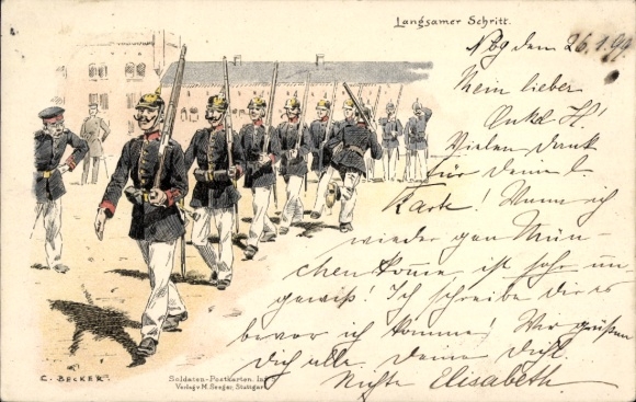 Kunstenaar litho Becker, Carl, Slow Step, Duitse soldaten in uniformen