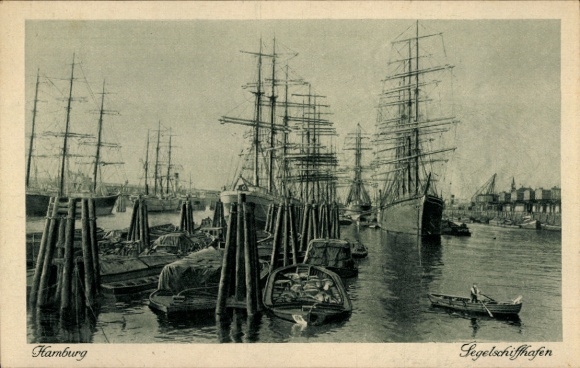 Postcard Hamburg Altona Neumühlen Oevelgönne, sailing ship harbor, steamers and sailing ships, harbor land...