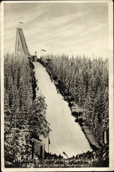 Postcard Johanngeorgenstadt in the Erzgebirge of Saxony, view of the Hans Heinze Schanze