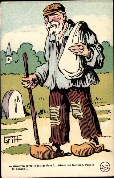 Artist Postcard Griff, man in French costume, walking stick, aimer la terre, c&#39;est les ecus...