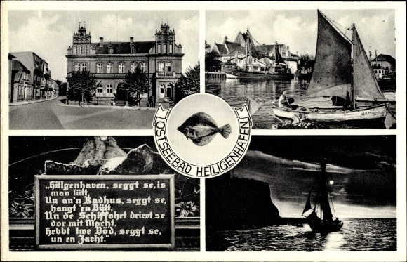 Postcard Baltic resort Heiligenhafen in Holstein, sailing ship, house view