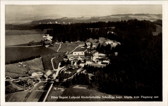 Postcard Scheidegg in Allgäu Swabia, Prince Regent Luitpold Children's Sanatorium, aerial photograph