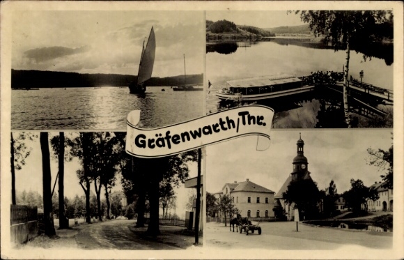 Postcard Gräfenwarth Schleiz in Vogtland Thuringia, sailing boat, street scene, church