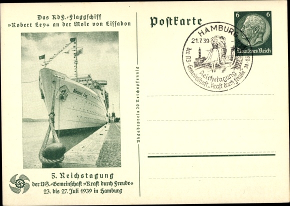 Postal stationery PC KDF flagship Robert Ley, 5th KdF Reichstagung Hamburg 1939