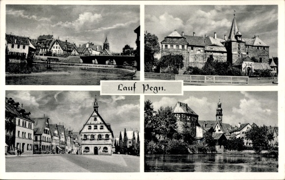 Ak Lauf an der Pegnitz in Mittelfranken Bayern, Vierteilige Ansicht von  Fluss, Brücke, histor...