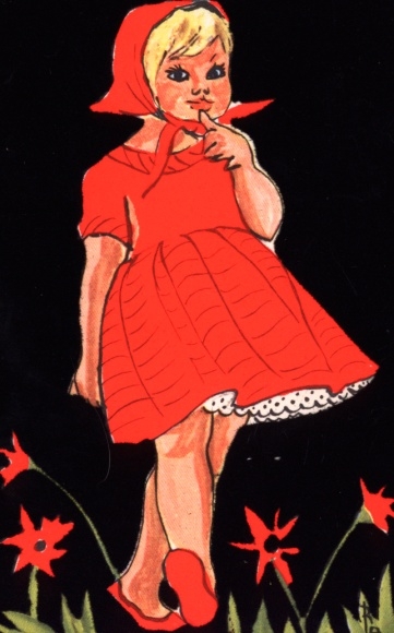 Artist Postcard Girl, Poppies, Red Dress, Headscarf