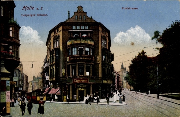 Postcard Halle an der Saale, Poststraße, Leipziger Straße, tram, shops