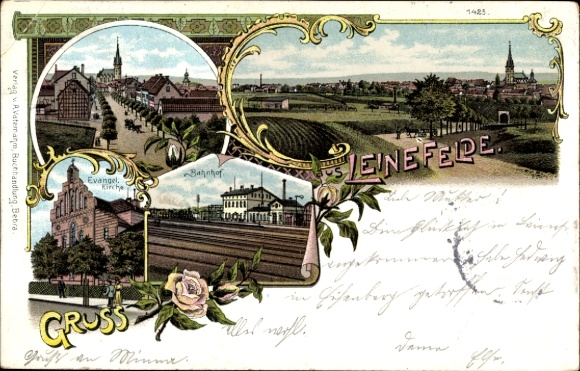 Litho Leinefelde Worbis Eichsfeld Thüringen, Bahnhof, Ev. Kirche, Gesamtansicht