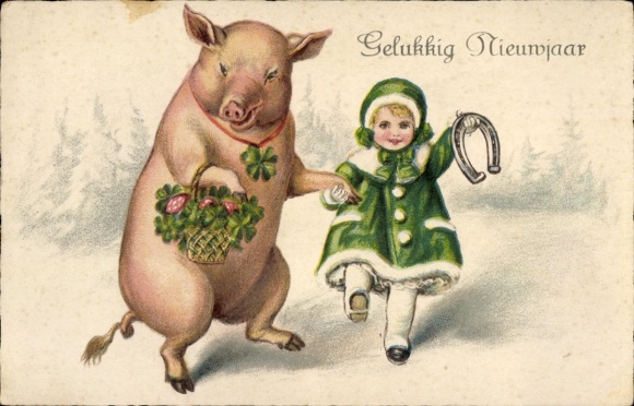 Greeting card Happy New Year, girl, pig, horseshoe, lucky clover