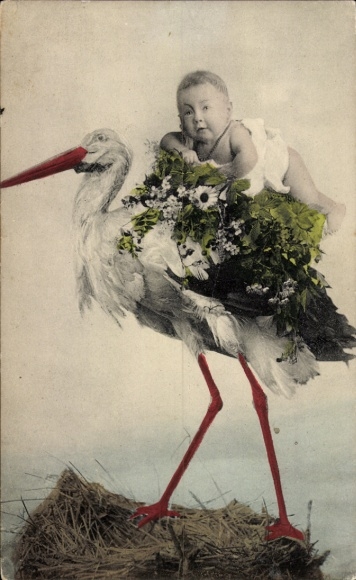 Postcard congratulations, stork, child