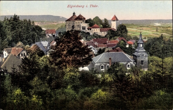 Postcard Elgersburg in Thuringia, castle, houses, trees, peaks, rural landscape,