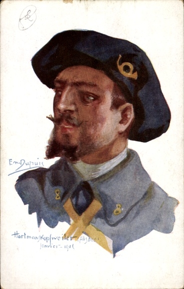 Kunstenaarskaart Dupuis, Emil, Hartmanskopfweiler, soldaat in uniform, posthoorn