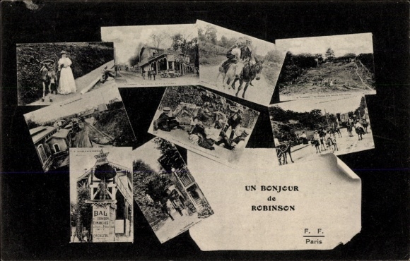 Ak Paris, Boulevard Saint Germain,  mit verschiedenen Bildern, 'Un Bonjour de Robinson', Paris