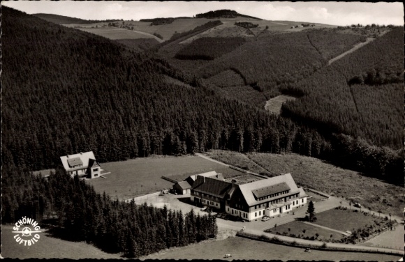 Postcard Schmallenberg in the Hochsauerland, hunting lodge meadow, landscape with forests, guesthouse Hoher Knochen,