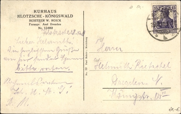 Postcard Dresden Klotzsche Königswald, Kurhaus, owner W. Roick