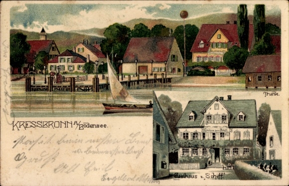 Künstler Ak Trunk, Kressbronn am Bodensee, Teilansicht, Hafen, Gasthaus Zum Schiff