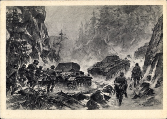 Künstler Ak Panzer nehmen einen Gebirgspass, Wehrmacht, II WK