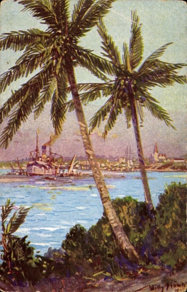 Künstler Ak Stöwer, Willy, Daressalam Tansania, Kriegsschiff, Palmen, Kolonialkriegerdank