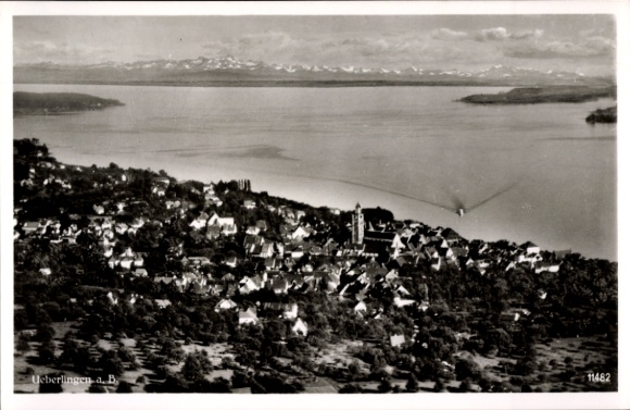 Postcard Überlingen on Lake Constance, aerial view of Überlingen, Lake Constance, mountains in the background, ship