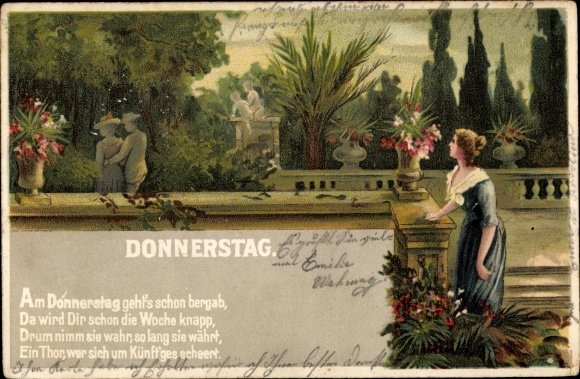 Artist Postcard Allegory Thursday, It&#39;s already going downhill on Thursday