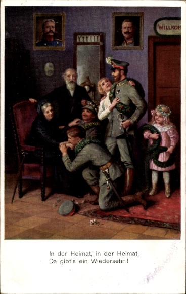 Postcard German soldier with family, In the homeland, there's a reunion