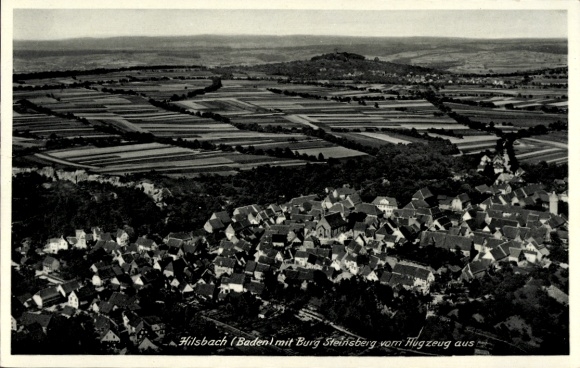 Postcard Hilsbach Sinsheim in Baden, aerial view of Steinsberg Castle, green fields