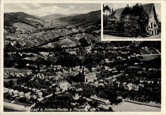 Postcard Lauf in Baden Black Forest, aerial view of rural surroundings, small houses, hills