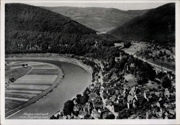 Ak Neckarsteinach in Hessen, Luftaufnahme von  Neckarfluss, umliegende Landschaft