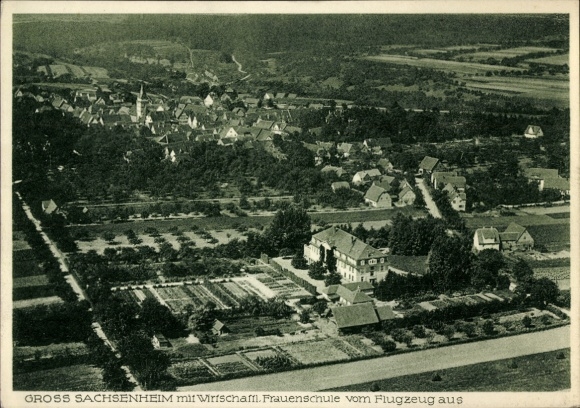 Postcard Großsachsenheim Sachsenheim in Württemberg, aerial photograph, women's and business school, Lands
