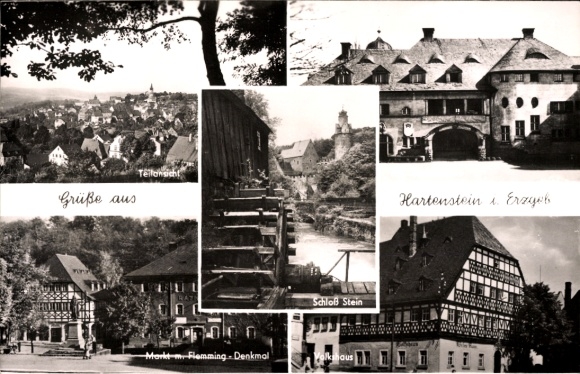 Postcard Hartenstein in the Ore Mountains Saxony, Stein Castle, partial view, market, Flemming monument, Volkshaus
