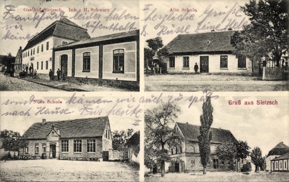Postcard Sietzsch Landsberg im Saalekreis, Gasthof Alte Schule, Greetings from Frankfurt
